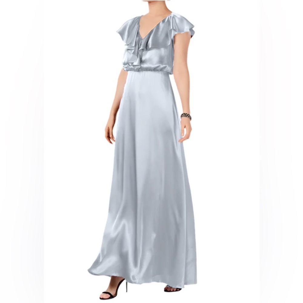 ADRIANNA PAPELL NWOT Elegant Silver Ruffle V-Neck Formal Maxi Dress, Size 10